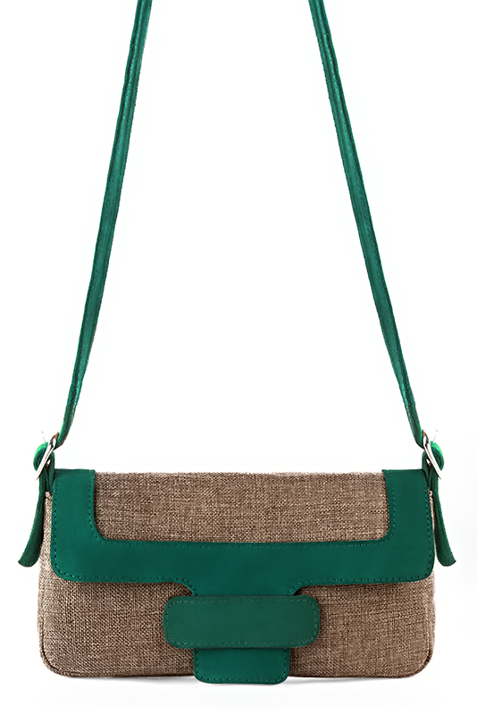 Caramel brown and emerald green women's dress handbag, matching pumps and belts. Top view - Florence KOOIJMAN